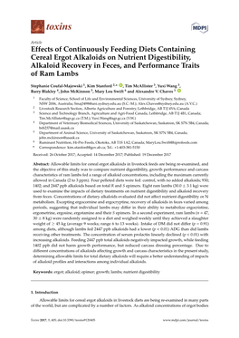 Effects of Continuously Feeding Diets Containing Cereal Ergot Alkaloids on Nutrient Digestibility, Alkaloid Recovery in Feces, and Performance Traits of Ram Lambs