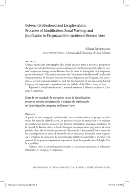 Between Brotherhood and Exceptionalism: Processes of Identification, Social Marking, and Justification in Uruguayan Immigration in Buenos Aires