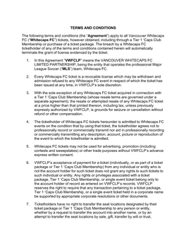 Whitecaps FC (“Whitecaps FC”) Tickets, However Obtained, Including Through a Tier 1 ‘Caps Club Membership Or Purchase of a Ticket Package