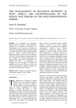 The Management of Religious Diversity in West Africa: the Exceptionalism of the Wolof and Yoruba in the Post-Independence Period