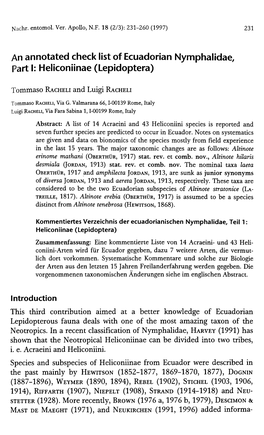 An Annotated Check List of Ecuadorian Nymphalidae, Part I: Heliconiinae (Lepidoptera)