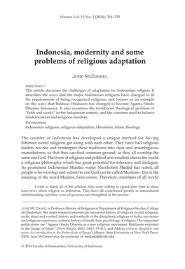 Indonesia, Modernity and Some Problems of Religious Adaptation