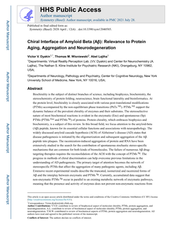 Chiral Interface of Amyloid Beta (Aβ): Relevance to Protein Aging, Aggregation and Neurodegeneration