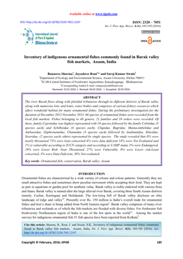 Inventory of Indigenous Ornamental Fishes Commonly Found in Barak Valley Fish Markets, Assam, India