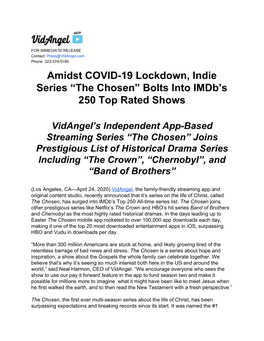 Amidst COVID-19 Lockdown, Indie Series “The Chosen” Bolts Into Imdb’S 250 Top Rated Shows