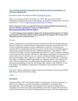 The Association of Affective Temperaments and Bipolar Spectrum Psychopathology: an Experience Sampling Study