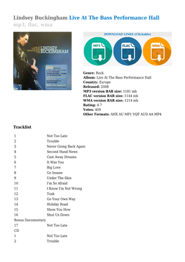 Lindsey Buckingham Live at the Bass Performance Hall Mp3, Flac, Wma