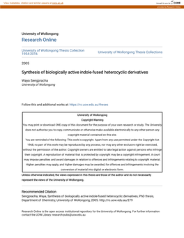 Synthesis of Biologically Active Indole-Fused Heterocyclic Derivatives