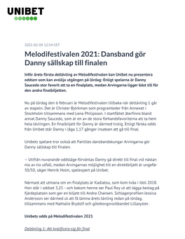 Melodifestivalen 2021: Dansband Gör Danny Sällskap Till Finalen