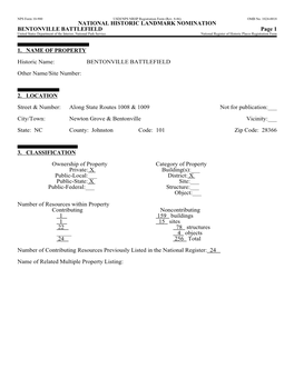 BENTONVILLE BATTLEFIELD Page 1 United States Department of the Interior, National Park Service National Register of Historic Places Registration Form