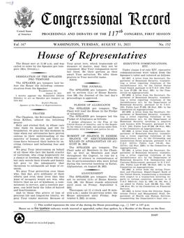 Congressional Record United States Th of America PROCEEDINGS and DEBATES of the 117 CONGRESS, FIRST SESSION