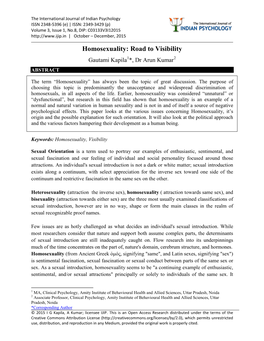 Homosexuality: Road to Visibility Gautami Kapila1*, Dr Arun Kumar2 ABSTRACT