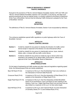 Page 1 of 6 TOWN of BROOKFIELD, VERMONT TRAFFIC ORDINANCE