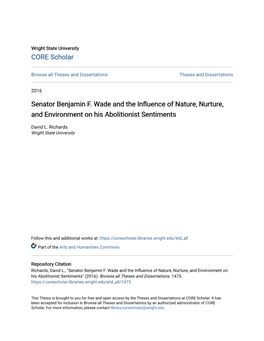 Senator Benjamin F. Wade and the Influence of Nature, Nurture, and Environment on His Abolitionist Sentiments