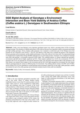 GGE Biplot Analysis of Genotype X Environment Interaction and Bean Yield Stability of Arabica Coffee (Coffee Arabica L.) Genotypes in Southwestern Ethiopia