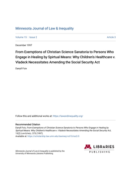 From Exemptions of Christian Science Sanatoria to Persons Who Engage in Healing by Spirtual Means: Why Children's Healthcare V