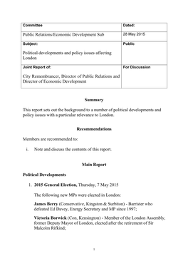 Public Relations/Economic Development Sub Political Developments and Policy Issues Affecting London City Remembrancer, Director