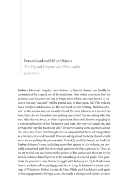 Personhood and Other Objects the Figural Dispute with Philosophy Judith Butler