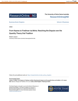 From Keynes to Friedman Via Mints: Resolving the Dispute Over the Quantity Theory Oral Tradition