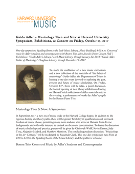 Guido Adler – Musicology Then and Now at Harvard University Symposium, Exhibitions, & Concert on Friday, October 13, 2017 ______