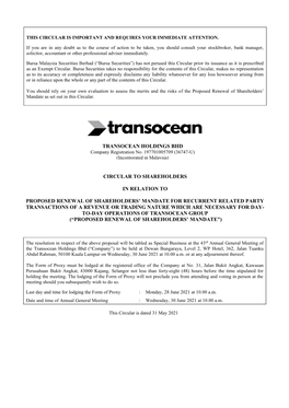 Transocean Holdings Bhd Circular to Shareholders