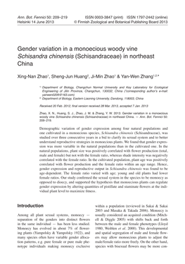 Gender Variation in a Monoecious Woody Vine Schisandra Chinensis (Schisandraceae) in Northeast China