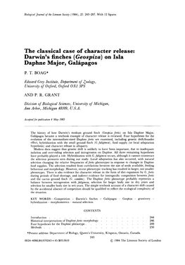 The Classical Case of Character Release: Darwin's Finches (Geospiza)