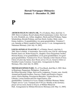 Hawaii Newspaper Obituaries January 1 - December 31, 2005 P