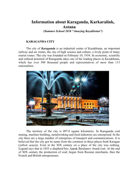 Information About Karaganda, Karkaralink, Astana (Summer School 2018 “Amazing Kazakhstan”)