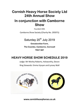 Cornish Heavy Horse Society Ltd 24Th Annual Show in Conjunction with Camborne Show Founded 1941