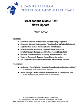 Israel and the Middle East News Update