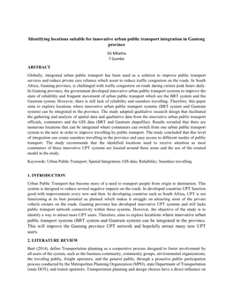 Identifying Locations Suitable for Innovative Urban Public Transport Integration in Gauteng Province SG Mbatha T Gumbo