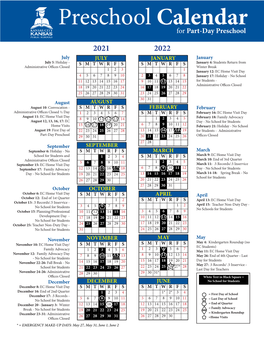 Preschool Calendar for Part-Day Preschool