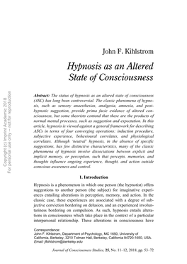 Hypnosis As an Altered State of Consciousness