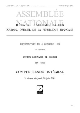 ASSEMBLÉE NATIONALE – 3E SÉANCE DU 28 JUIN 2001