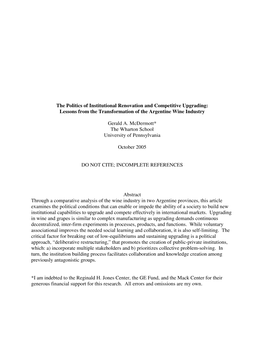 The Politics of Institutional Renovation and Competitive Upgrading: Lessons from the Transformation of the Argentine Wine Industry