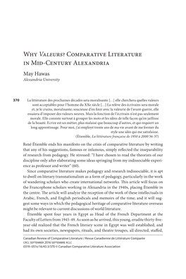 Why Valeurs? Comparative Literature in Mid-Century Alexandria May Hawas Alexandria University