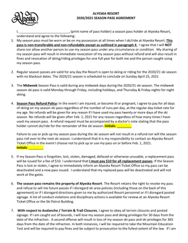 Alyeska Resort 2020/2021 Season Pass Agreement