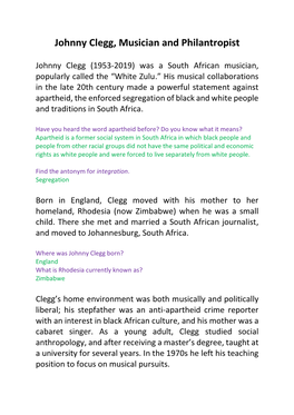 Johnny Clegg, Musician and Philantropist