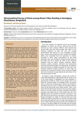 Ethnomedicinal Survey of Plants Among Khasia Tribes Residing in Kamalganj, Maulvibazar, Bangladesh Rita Bhatta* and Shuvon Datta