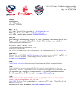 2018 USA Rugby Club Eastern Championships Columbus, OH May 19Th & 20Th, 2018