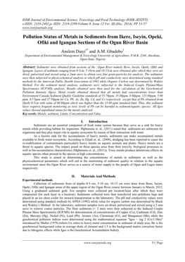 Pollution Status of Metals in Sediments from Ikere, Iseyin, Opeki, Ofiki and Igangan Sections of the Ogun River Basin