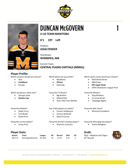 U-16 TEAM MANITOBA 6'1 197 Left GOALTENDER