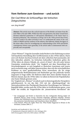 Vom Verlierer Zum Gewinner – Und Zurück Der Coal Miner Als Schlüsselfigur Der Britischen Zeitgeschichte Von Jörg Arnold*