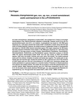Neoasaia Chiangmaiensis Gen. Nov., Sp. Nov., a Novel Osmotolerant Acetic Acid Bacterium in the A-Proteobacteria