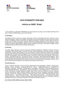 AVIS D'enquête PUBLIQUE Relative Au SAGE