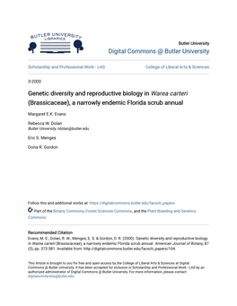 Genetic Diversity and Reproductive Biology in &lt;Em&gt;Warea Carteri&lt;/Em