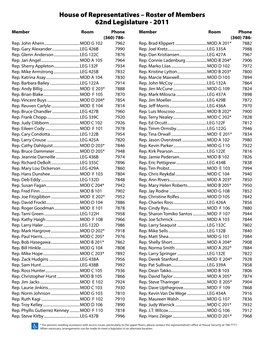 House of Representatives – Roster of Members 62Nd Legislature - 2011 Member Room Phone Member Room Phone (360) 786- (360) 786- Rep