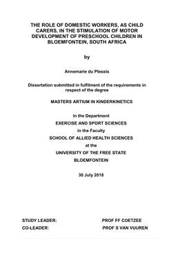The Role of Domestic Workers, As Child Carers, in the Stimulation of Motor Development of Preschool Children in Bloemfontein, South Africa