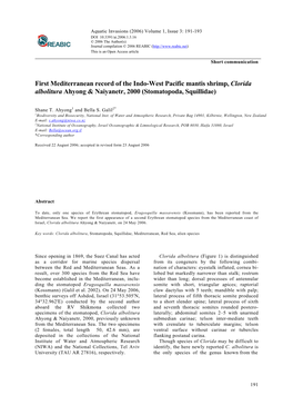 First Mediterranean Record of the Indo-West Pacific Mantis Shrimp, Clorida Albolitura Ahyong & Naiyanetr, 2000 (Stomatopoda, Squillidae)